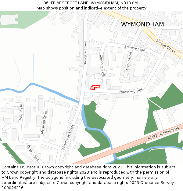 36, FRIARSCROFT LANE, WYMONDHAM, NR18 0AU: Location map and indicative extent of plot