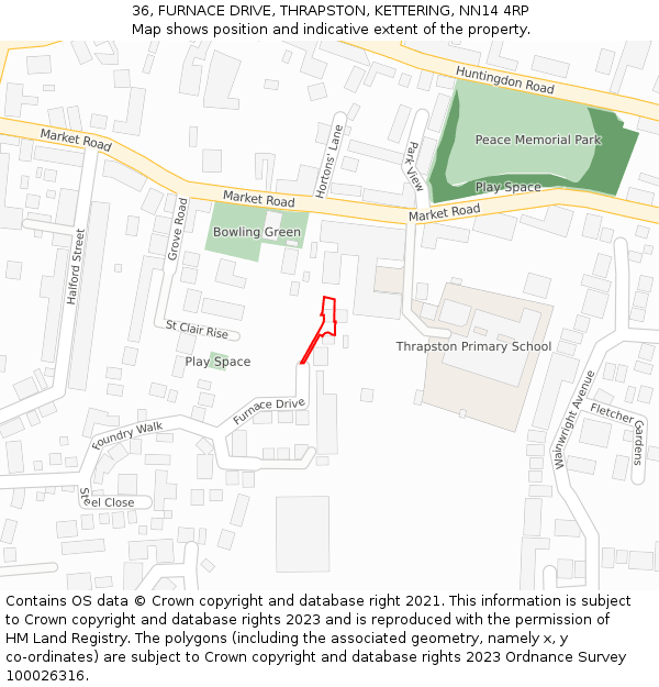 36, FURNACE DRIVE, THRAPSTON, KETTERING, NN14 4RP: Location map and indicative extent of plot