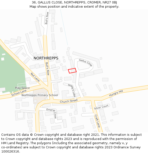 36, GALLUS CLOSE, NORTHREPPS, CROMER, NR27 0BJ: Location map and indicative extent of plot