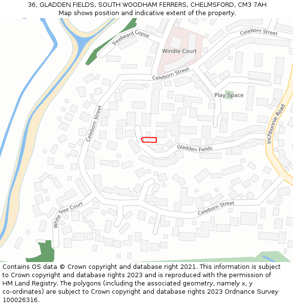 36, GLADDEN FIELDS, SOUTH WOODHAM FERRERS, CHELMSFORD, CM3 7AH: Location map and indicative extent of plot