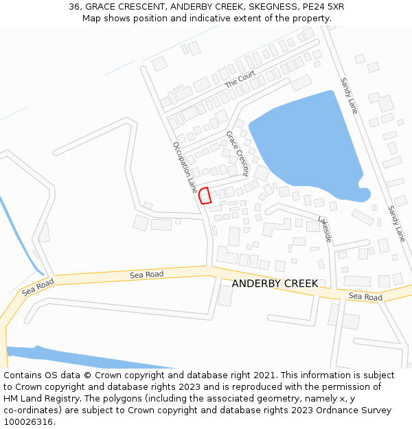 36, GRACE CRESCENT, ANDERBY CREEK, SKEGNESS, PE24 5XR: Location map and indicative extent of plot