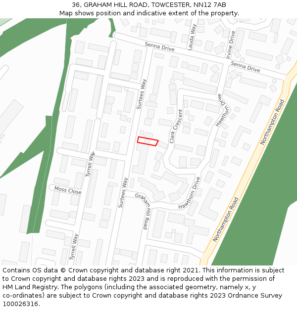 36, GRAHAM HILL ROAD, TOWCESTER, NN12 7AB: Location map and indicative extent of plot