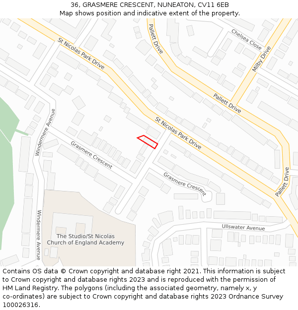 36, GRASMERE CRESCENT, NUNEATON, CV11 6EB: Location map and indicative extent of plot