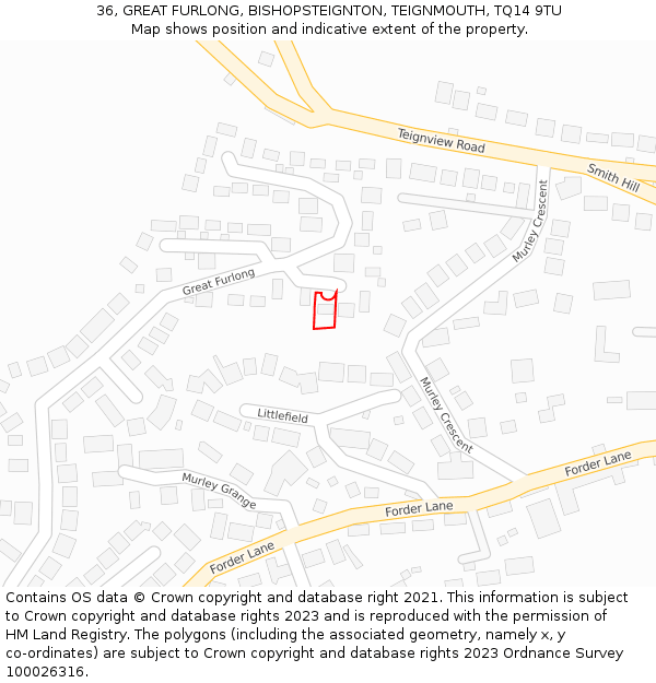 36, GREAT FURLONG, BISHOPSTEIGNTON, TEIGNMOUTH, TQ14 9TU: Location map and indicative extent of plot