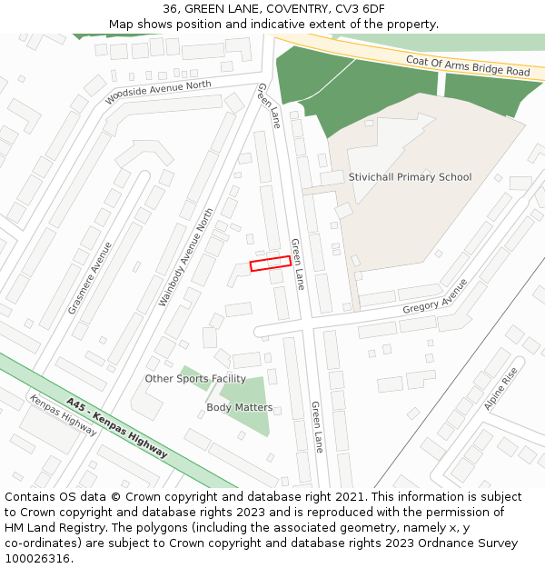 36, GREEN LANE, COVENTRY, CV3 6DF: Location map and indicative extent of plot