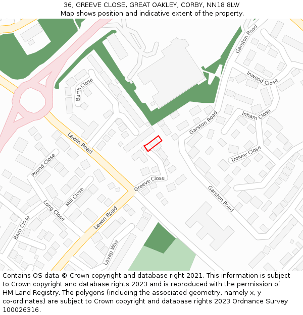 36, GREEVE CLOSE, GREAT OAKLEY, CORBY, NN18 8LW: Location map and indicative extent of plot