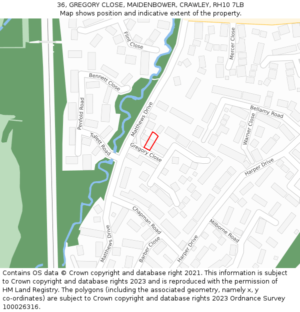 36, GREGORY CLOSE, MAIDENBOWER, CRAWLEY, RH10 7LB: Location map and indicative extent of plot