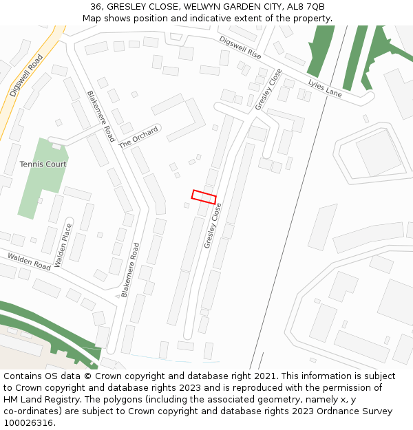 36, GRESLEY CLOSE, WELWYN GARDEN CITY, AL8 7QB: Location map and indicative extent of plot