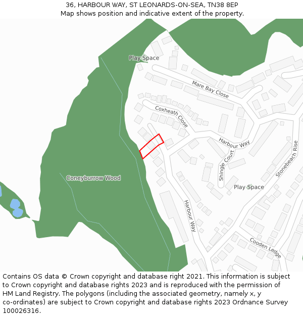 36, HARBOUR WAY, ST LEONARDS-ON-SEA, TN38 8EP: Location map and indicative extent of plot