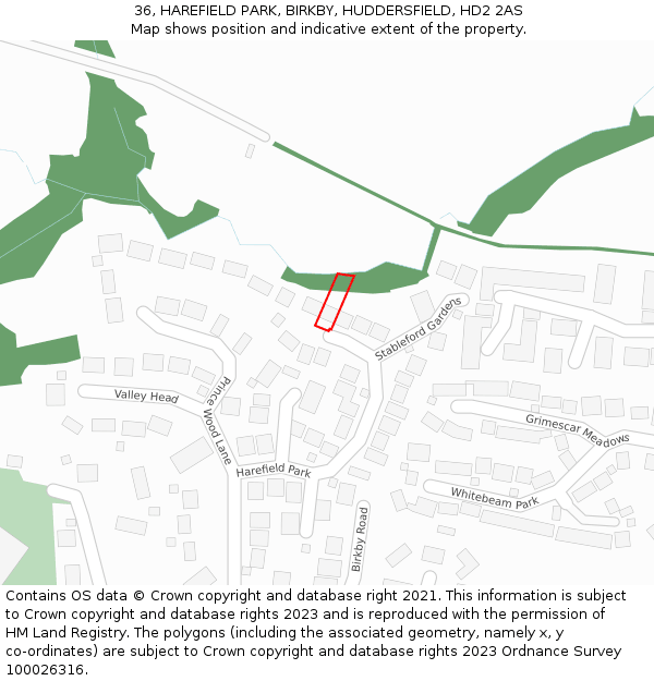 36, HAREFIELD PARK, BIRKBY, HUDDERSFIELD, HD2 2AS: Location map and indicative extent of plot