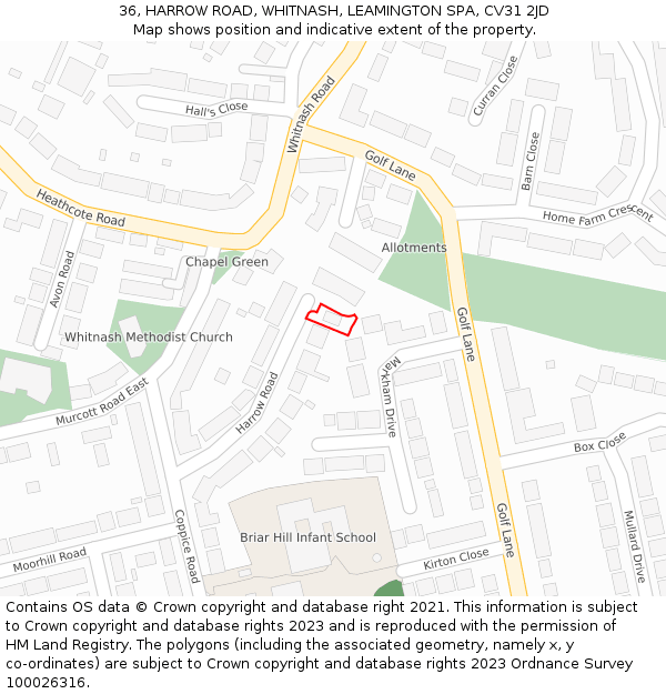 36, HARROW ROAD, WHITNASH, LEAMINGTON SPA, CV31 2JD: Location map and indicative extent of plot