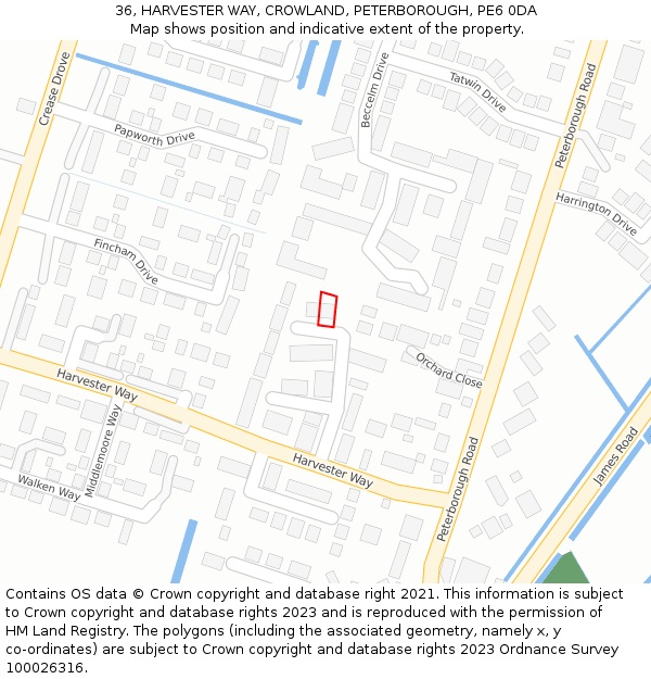 36, HARVESTER WAY, CROWLAND, PETERBOROUGH, PE6 0DA: Location map and indicative extent of plot