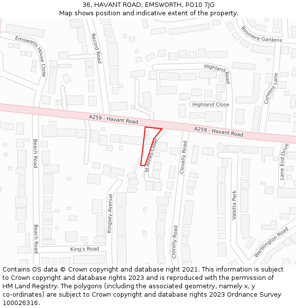 36, HAVANT ROAD, EMSWORTH, PO10 7JG: Location map and indicative extent of plot