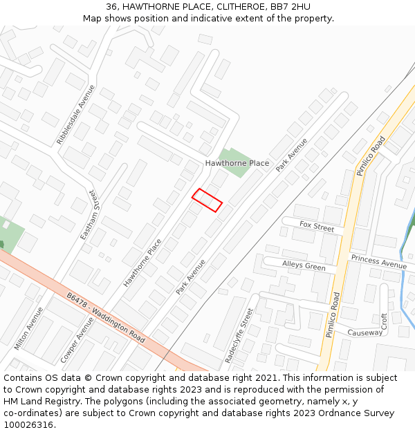 36, HAWTHORNE PLACE, CLITHEROE, BB7 2HU: Location map and indicative extent of plot