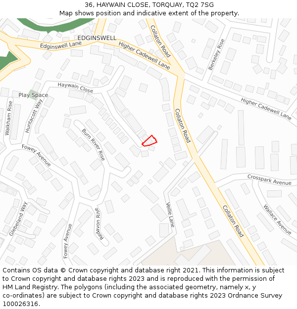 36, HAYWAIN CLOSE, TORQUAY, TQ2 7SG: Location map and indicative extent of plot