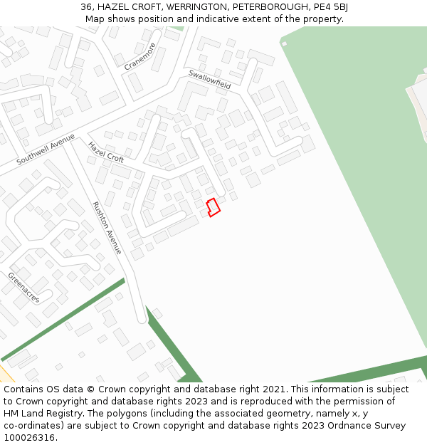 36, HAZEL CROFT, WERRINGTON, PETERBOROUGH, PE4 5BJ: Location map and indicative extent of plot