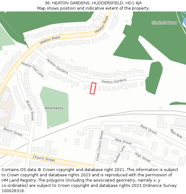 36, HEATON GARDENS, HUDDERSFIELD, HD1 4JA: Location map and indicative extent of plot
