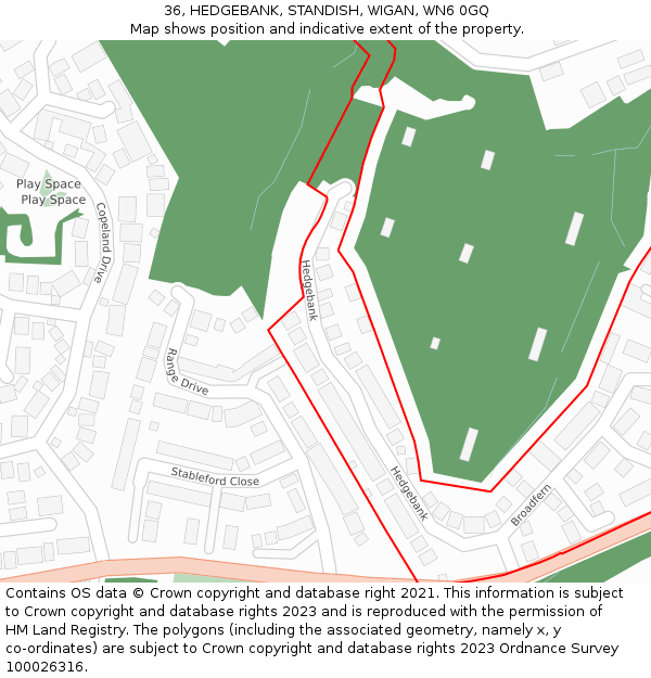 36, HEDGEBANK, STANDISH, WIGAN, WN6 0GQ: Location map and indicative extent of plot