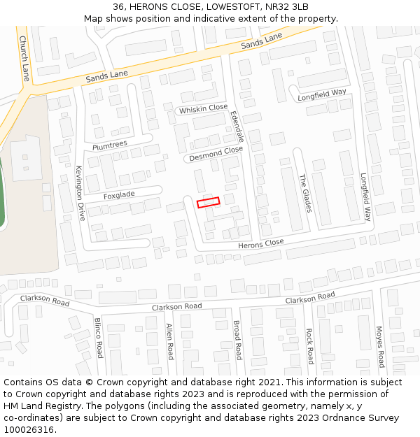 36, HERONS CLOSE, LOWESTOFT, NR32 3LB: Location map and indicative extent of plot