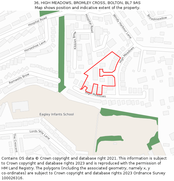 36, HIGH MEADOWS, BROMLEY CROSS, BOLTON, BL7 9AS: Location map and indicative extent of plot