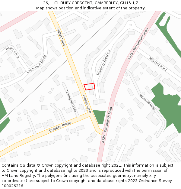 36, HIGHBURY CRESCENT, CAMBERLEY, GU15 1JZ: Location map and indicative extent of plot
