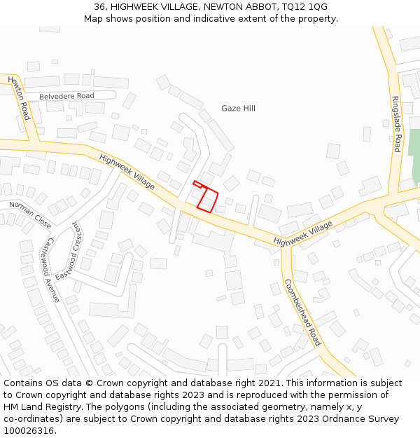 36, HIGHWEEK VILLAGE, NEWTON ABBOT, TQ12 1QG: Location map and indicative extent of plot