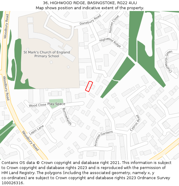 36, HIGHWOOD RIDGE, BASINGSTOKE, RG22 4UU: Location map and indicative extent of plot