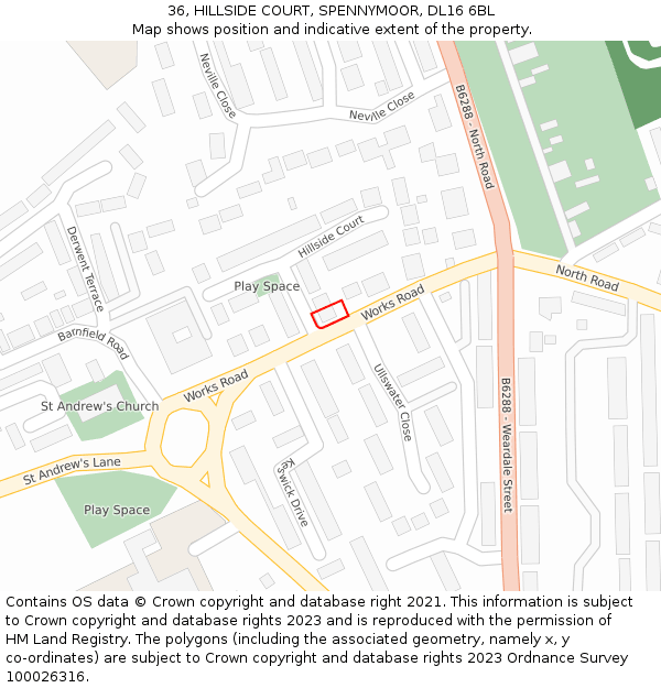 36, HILLSIDE COURT, SPENNYMOOR, DL16 6BL: Location map and indicative extent of plot
