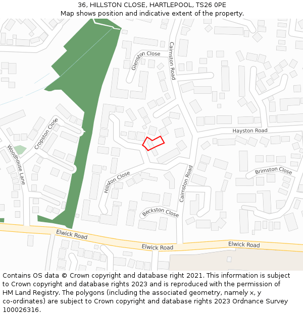 36, HILLSTON CLOSE, HARTLEPOOL, TS26 0PE: Location map and indicative extent of plot