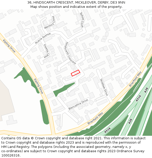 36, HINDSCARTH CRESCENT, MICKLEOVER, DERBY, DE3 9NN: Location map and indicative extent of plot