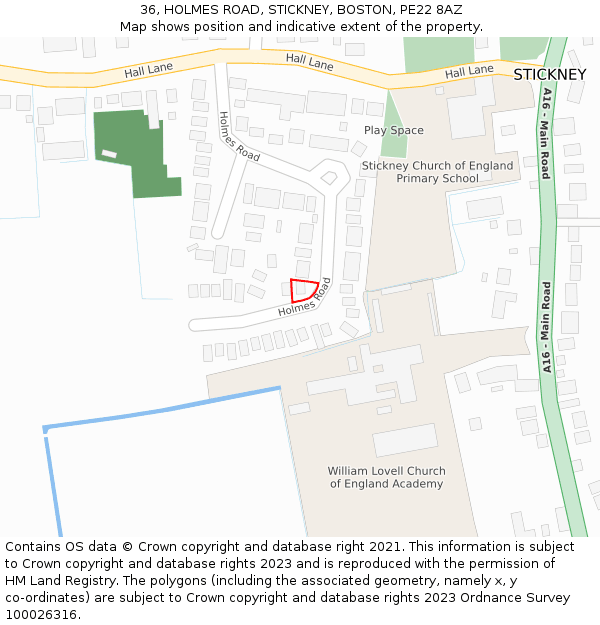 36, HOLMES ROAD, STICKNEY, BOSTON, PE22 8AZ: Location map and indicative extent of plot