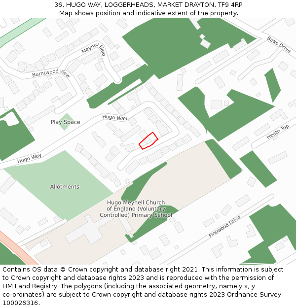 36, HUGO WAY, LOGGERHEADS, MARKET DRAYTON, TF9 4RP: Location map and indicative extent of plot