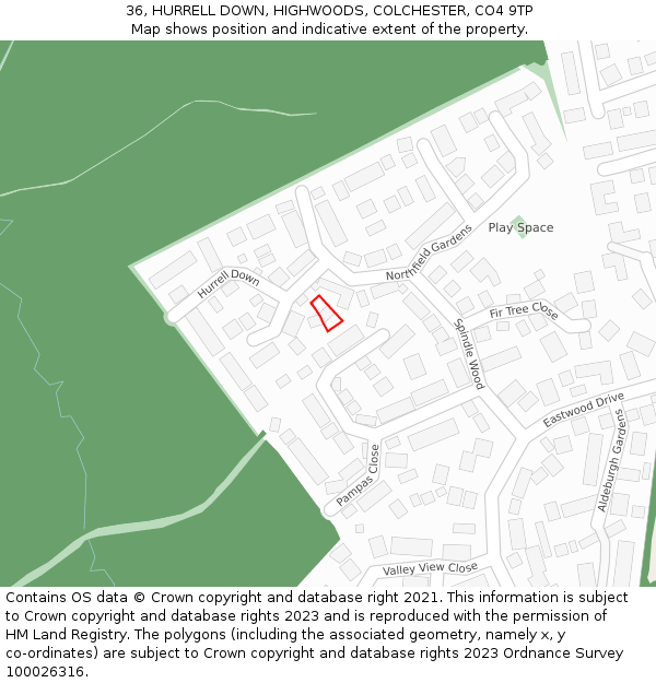 36, HURRELL DOWN, HIGHWOODS, COLCHESTER, CO4 9TP: Location map and indicative extent of plot