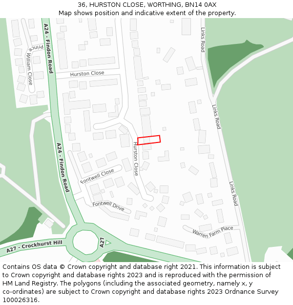 36, HURSTON CLOSE, WORTHING, BN14 0AX: Location map and indicative extent of plot