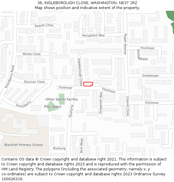 36, INGLEBOROUGH CLOSE, WASHINGTON, NE37 1RZ: Location map and indicative extent of plot