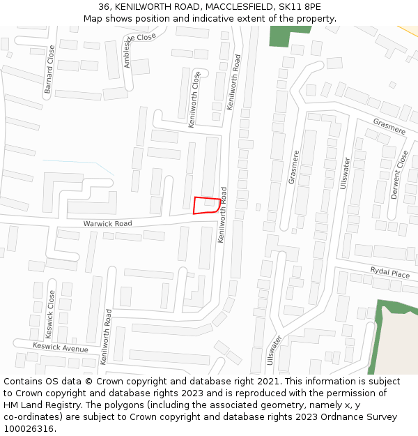 36, KENILWORTH ROAD, MACCLESFIELD, SK11 8PE: Location map and indicative extent of plot