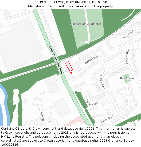 36, KESTREL CLOSE, KIDDERMINSTER, DY10 1NP: Location map and indicative extent of plot