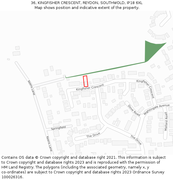36, KINGFISHER CRESCENT, REYDON, SOUTHWOLD, IP18 6XL: Location map and indicative extent of plot