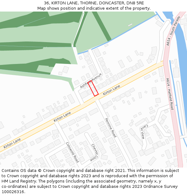 36, KIRTON LANE, THORNE, DONCASTER, DN8 5RE: Location map and indicative extent of plot