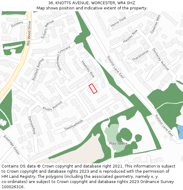 36, KNOTTS AVENUE, WORCESTER, WR4 0HZ: Location map and indicative extent of plot