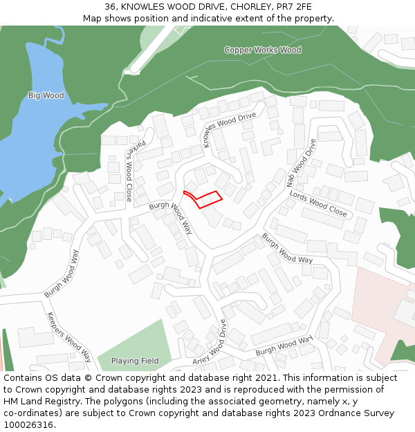 36, KNOWLES WOOD DRIVE, CHORLEY, PR7 2FE: Location map and indicative extent of plot