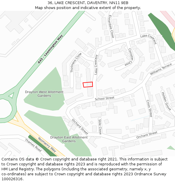 36, LAKE CRESCENT, DAVENTRY, NN11 9EB: Location map and indicative extent of plot
