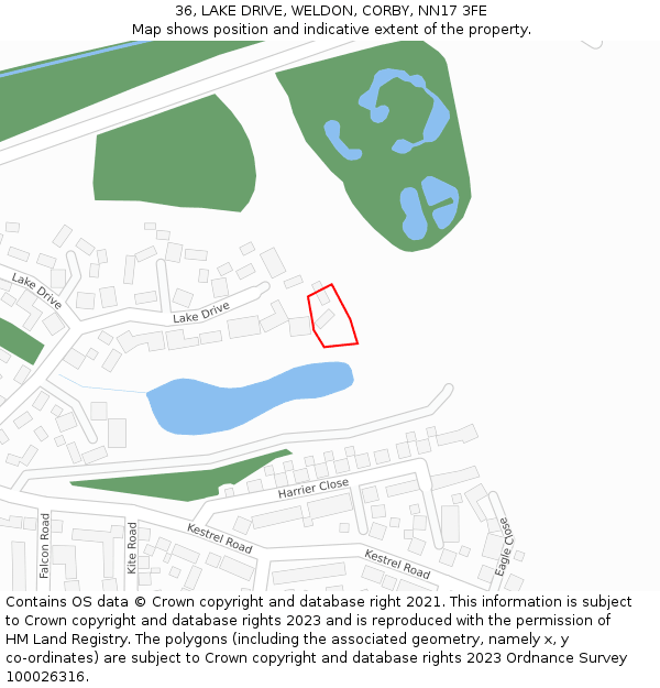 36, LAKE DRIVE, WELDON, CORBY, NN17 3FE: Location map and indicative extent of plot