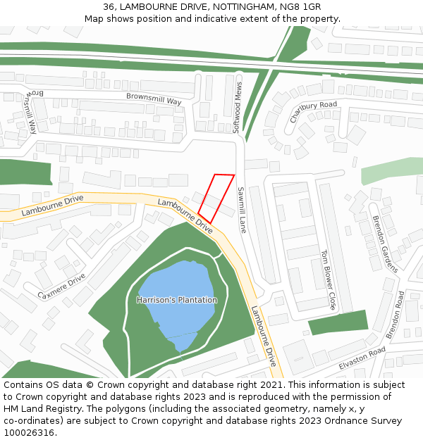 36, LAMBOURNE DRIVE, NOTTINGHAM, NG8 1GR: Location map and indicative extent of plot