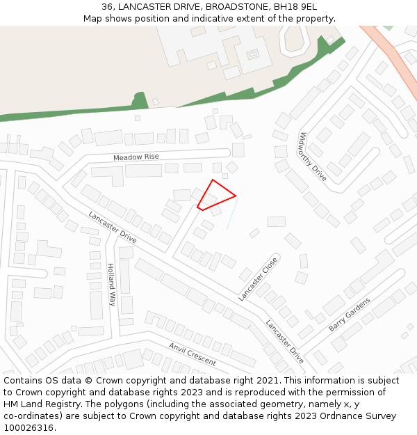 36, LANCASTER DRIVE, BROADSTONE, BH18 9EL: Location map and indicative extent of plot