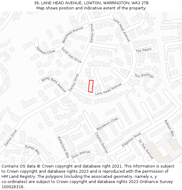 36, LANE HEAD AVENUE, LOWTON, WARRINGTON, WA3 2TB: Location map and indicative extent of plot