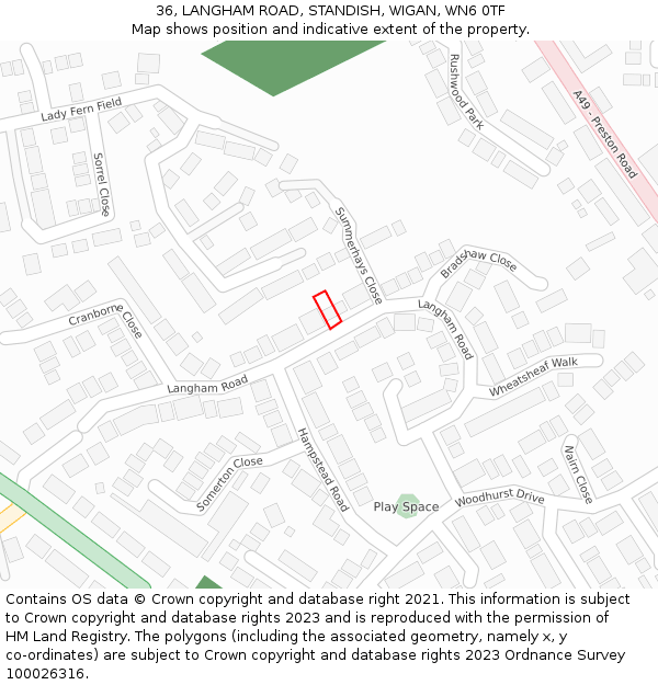 36, LANGHAM ROAD, STANDISH, WIGAN, WN6 0TF: Location map and indicative extent of plot