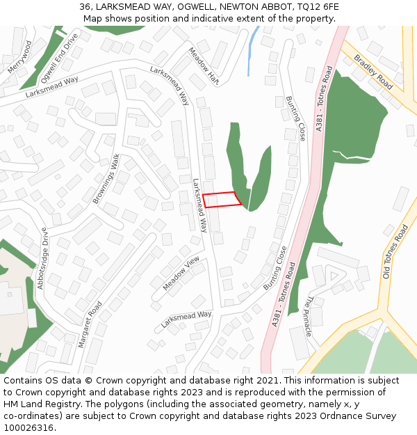 36, LARKSMEAD WAY, OGWELL, NEWTON ABBOT, TQ12 6FE: Location map and indicative extent of plot