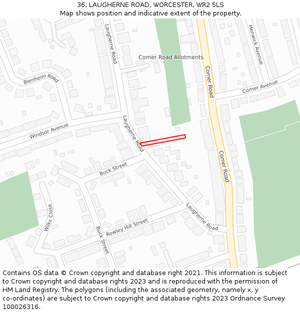 36, LAUGHERNE ROAD, WORCESTER, WR2 5LS: Location map and indicative extent of plot