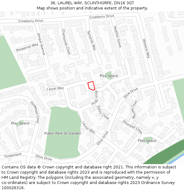 36, LAUREL WAY, SCUNTHORPE, DN16 3GT: Location map and indicative extent of plot
